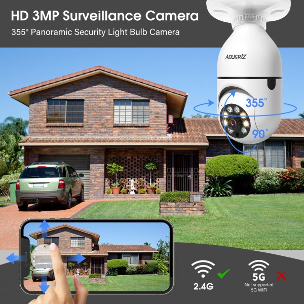 ADUSRIZ Wireless Light Bulb Camera 3MP WiFi Security Cameras Wireless Outdoor Surveillance Camera, Monitor Cam, Automatic Human Tracking Night Vision Camera, E27 Light Socket