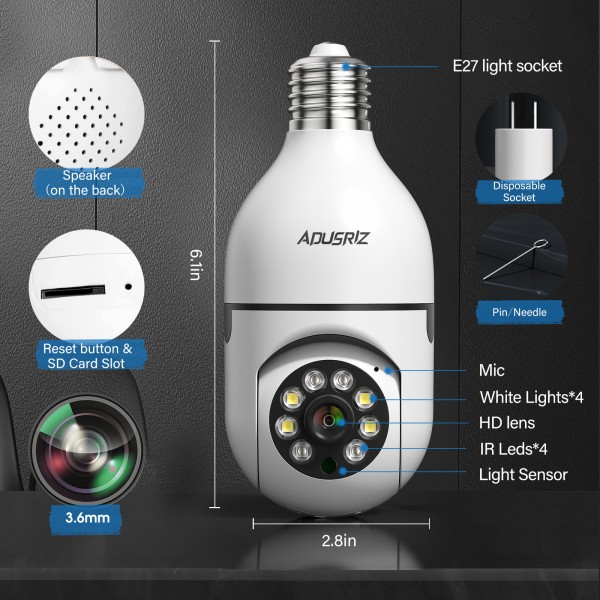 ADUSRIZ Wireless Light Bulb Camera 3MP WiFi Security Cameras Wireless Outdoor Surveillance Camera, Monitor Cam, Automatic Human Tracking Night Vision Camera, E27 Light Socket